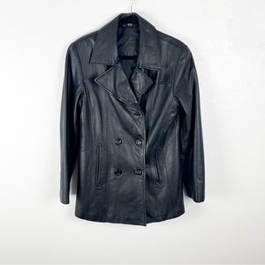 JACQUELINE FERRAR Black Genuine Leather Double Breasted Lined Coat, Size Medium
